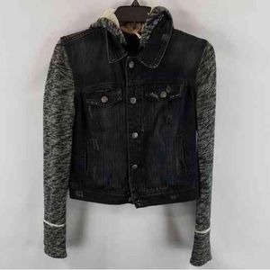 Free People Distressed Black Jean Jacket with Sweater Sleeves and Hood